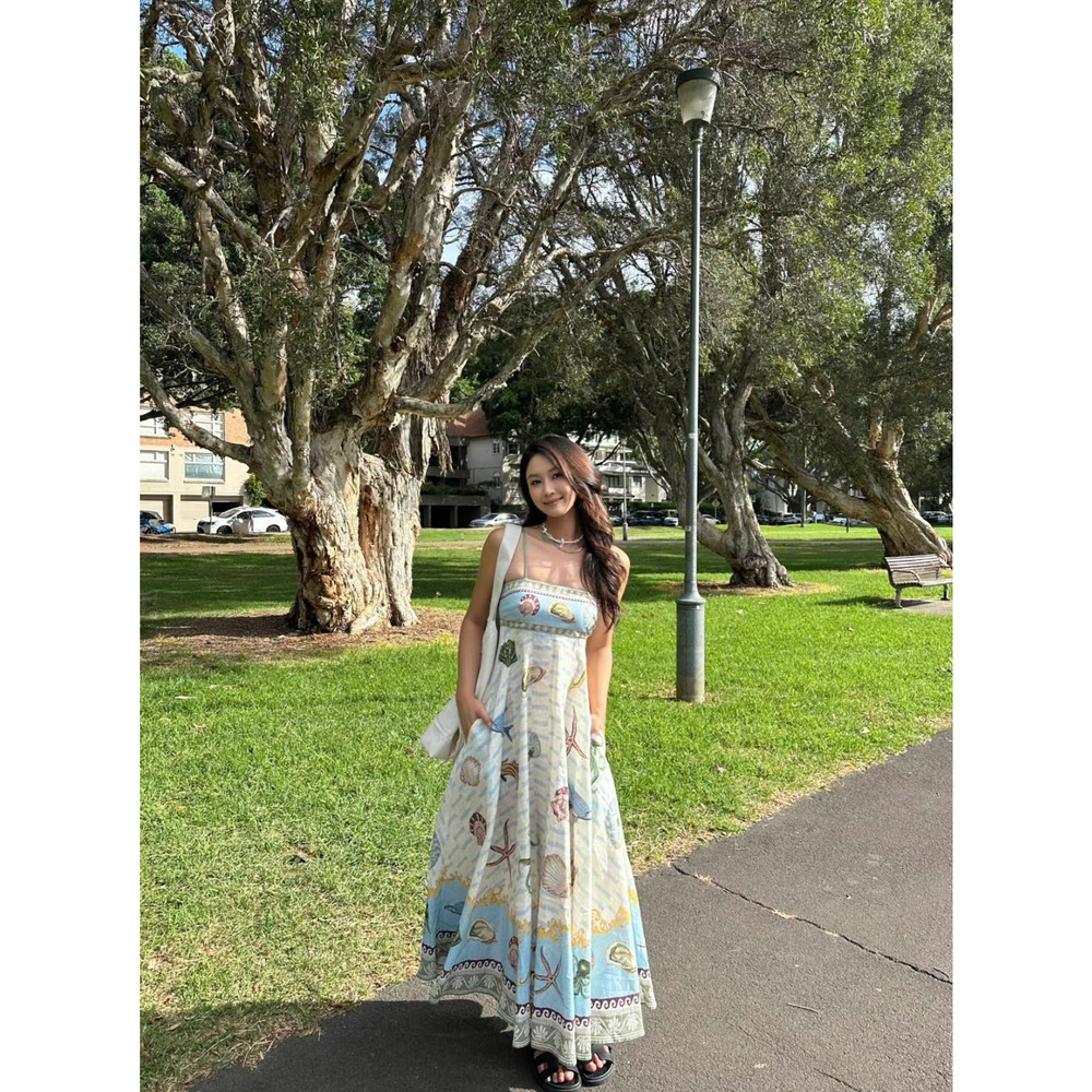 ALEMAIS + Sam Pauletto Bath House printed smocked linen midi dress US 2 - Picture 10 of 11